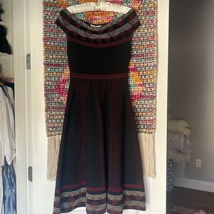 Maje Knit Midi Black Off Shoulder Stripe Dress